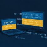 Illustration of a digital ghost figure hacking a computer with Ukrainian flag elements in the background, symbolizing the Ghostwriter cyberattack on Ukraine.