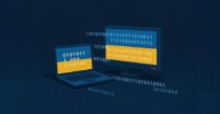 Illustration of a digital ghost figure hacking a computer with Ukrainian flag elements in the background, symbolizing the Ghostwriter cyberattack on Ukraine.