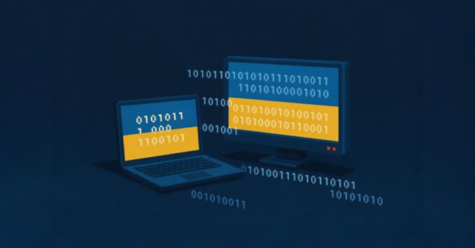 Illustration of a digital ghost figure hacking a computer with Ukrainian flag elements in the background, symbolizing the Ghostwriter cyberattack on Ukraine.