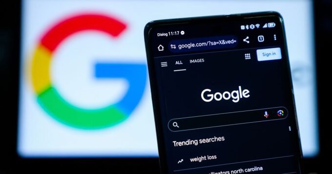 Illustration of Google Search interface with AI agents proactively delivering information and managing tasks.