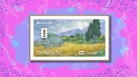 Hisense 75-inch Hi-QLED S7 CanvasTV displaying vibrant artwork on a wall