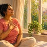 A person meditating peacefully in a natural setting, symbolizing inner calm and self-care.