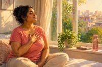 A person meditating peacefully in a natural setting, symbolizing inner calm and self-care.