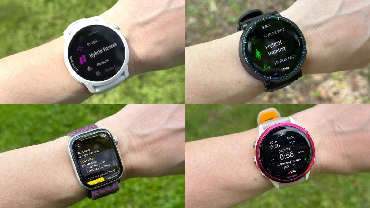 Comparison of fitness watches for Hyrox training, showing Coros Pace 4, Apple Watch with Roxfit, and Amazfit