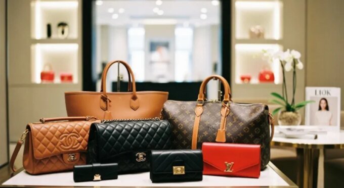 Un assortiment de sacs à main Louis Vuitton, Gucci et Burberry d'occasion, symbolisant le marché florissant du luxe de seconde main.