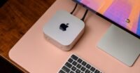 A Mac Mini desktop computer, a compact device, showcasing Apple's design.