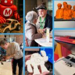 Attendees engaging with robotic arms and 3D printers at Maker Faire Brussels in Canal City, Anderlecht.
