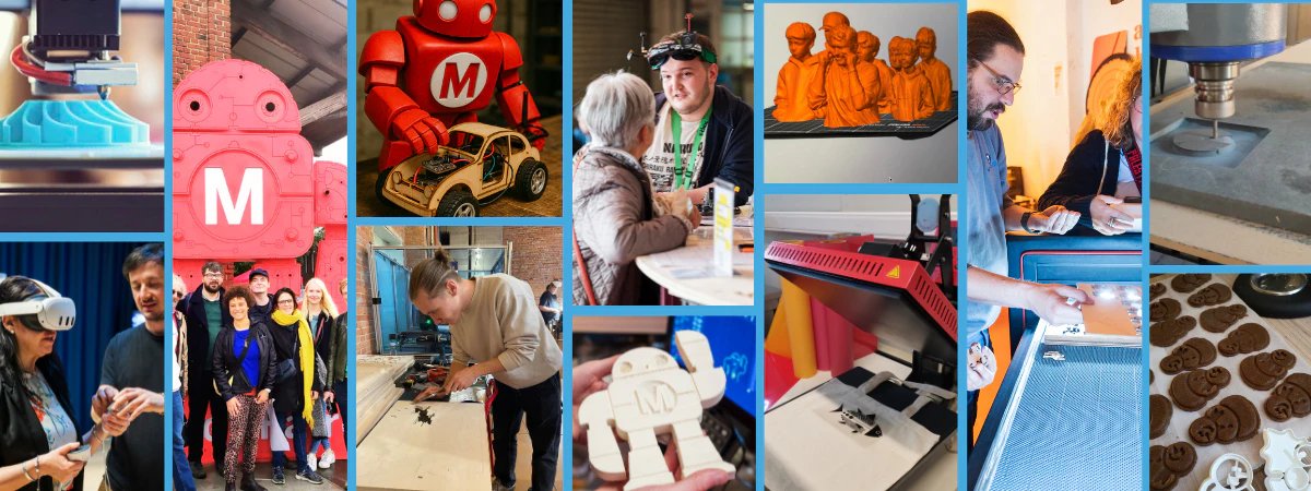 Attendees engaging with robotic arms and 3D printers at Maker Faire Brussels in Canal City, Anderlecht.