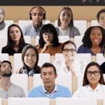 Microsoft Teams Together Mode interface showing multiple participants in a virtual conference room setting.