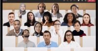 Microsoft Teams Together Mode interface showing multiple participants in a virtual conference room setting.