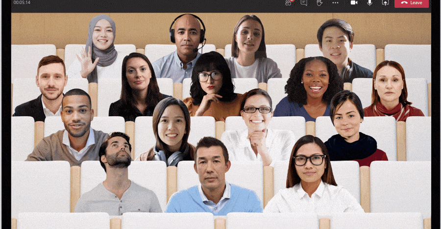 Microsoft Teams Together Mode interface showing multiple participants in a virtual conference room setting.