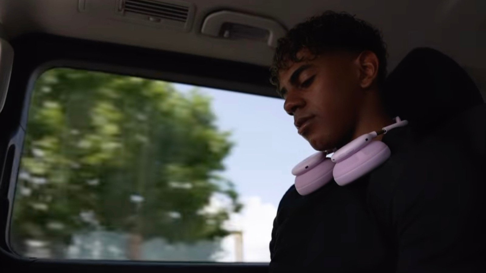 Spanish soccer player Lamine Yamal showcasing new bubblegum pink Beats headphones on Instagram