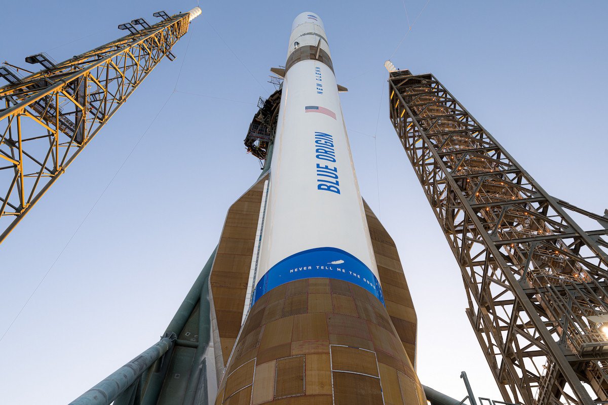 Blue Origin's New Glenn rocket on a launchpad, ready for liftoff.