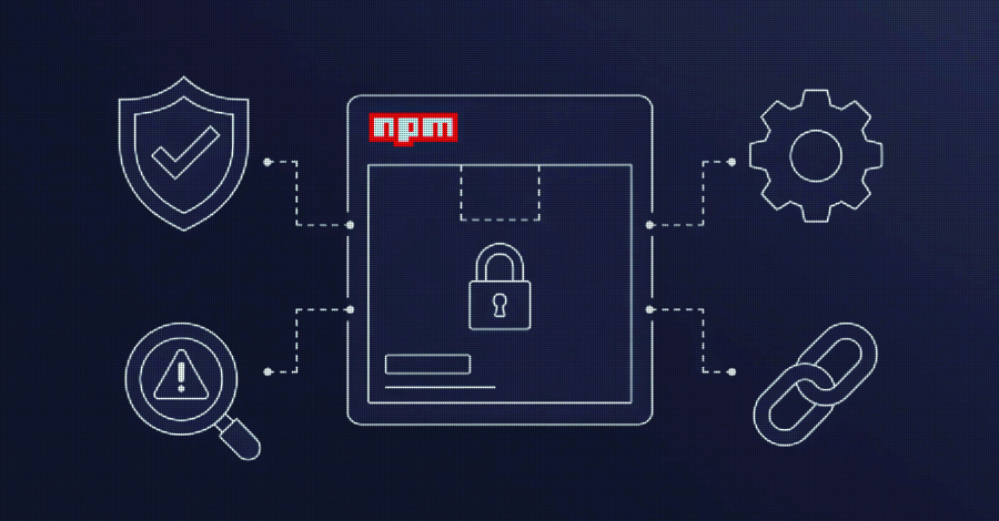 Illustration of npm logo with security shield, representing new 2FA and install controls for enhanced software supply chain security.