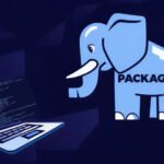Illustration of a broken software supply chain with malicious code flowing into a package manager like Packagist, depicting a Linux binary and GitHub logo.