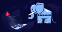 Illustration of a broken software supply chain with malicious code flowing into a package manager like Packagist, depicting a Linux binary and GitHub logo.