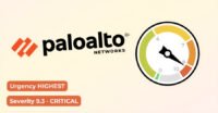 Palo Alto Networks firewall device with a warning symbol, representing a critical security vulnerability.