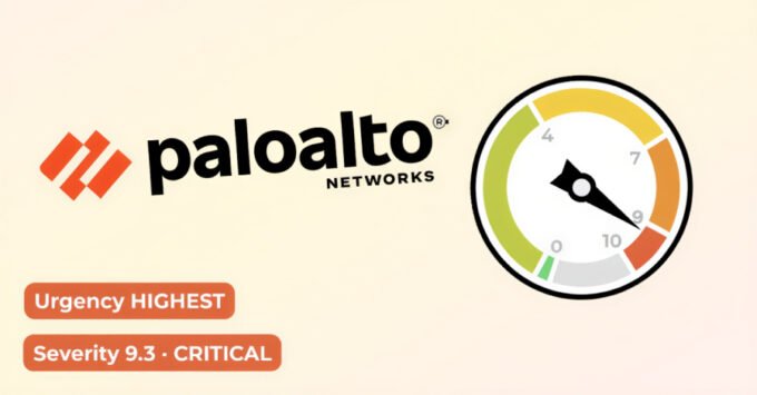 Palo Alto Networks firewall device with a warning symbol, representing a critical security vulnerability.