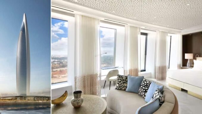 Vue panoramique de l'hôtel Waldorf Astoria intégré à la Tour Mohammed VI, symbolisant l'ascension de Rabat dans le tourisme de luxe.