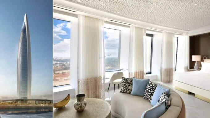 Vue panoramique de l'hôtel Waldorf Astoria intégré à la Tour Mohammed VI, symbolisant l'ascension de Rabat dans le tourisme de luxe.