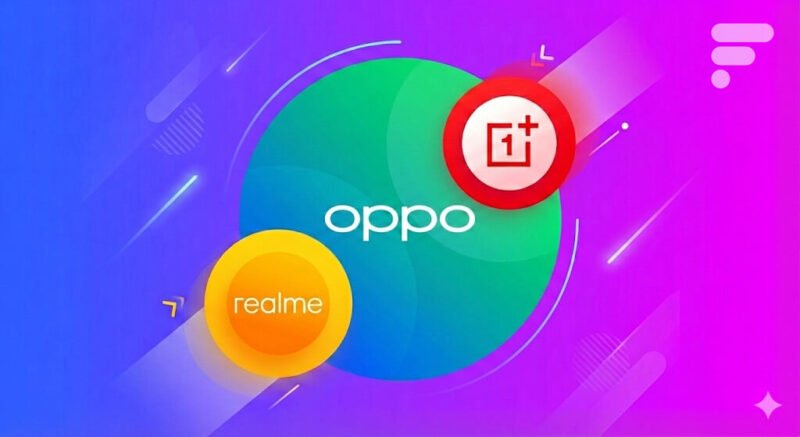 Logo combiné de OnePlus et Realme symbolisant leur fusion discrète au sein du groupe BBK, avec des smartphones Android en arrière-plan.