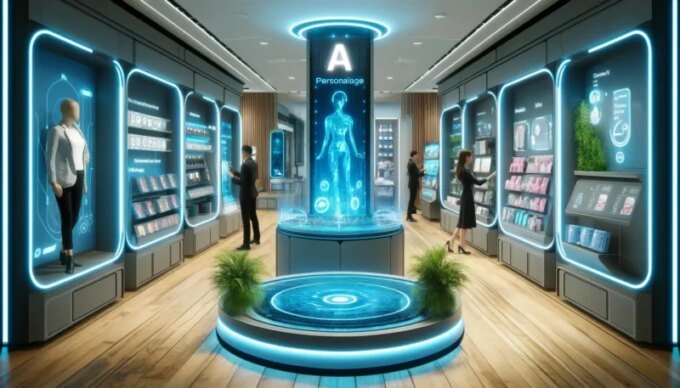 Une image illustrant la convergence de la technologie et du commerce de détail, avec des éléments d'intelligence artificielle et de biens de consommation, symbolisant la transformation du secteur.