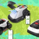 Three different robot lawn mowers on a green lawn, showcasing smart home gardening technology.