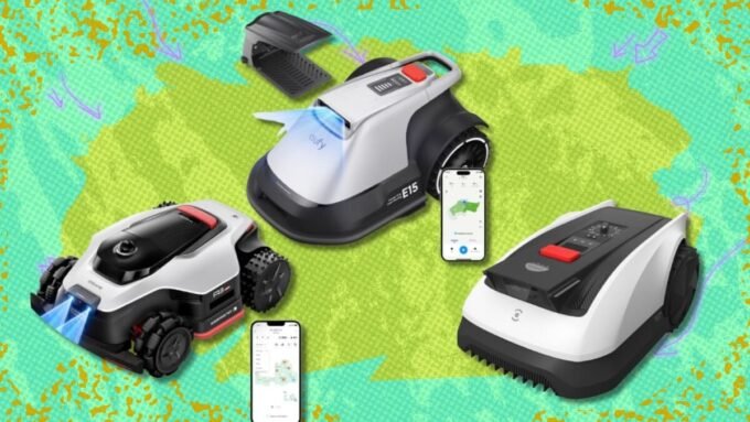 Three different robot lawn mowers on a green lawn, showcasing smart home gardening technology.