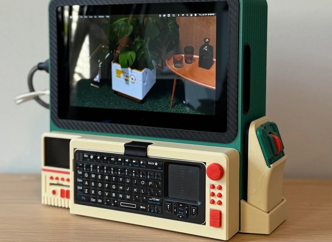 A vibrant, custom-built cyberdeck made from salvaged electronics, showcasing a unique, retro-futuristic design.