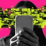 Illustration of a student looking at a phone, with social media app logos (Snapchat, YouTube, TikTok) faintly visible, representing the impact of social media on youth and education.