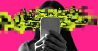 Illustration of a student looking at a phone, with social media app logos (Snapchat, YouTube, TikTok) faintly visible, representing the impact of social media on youth and education.