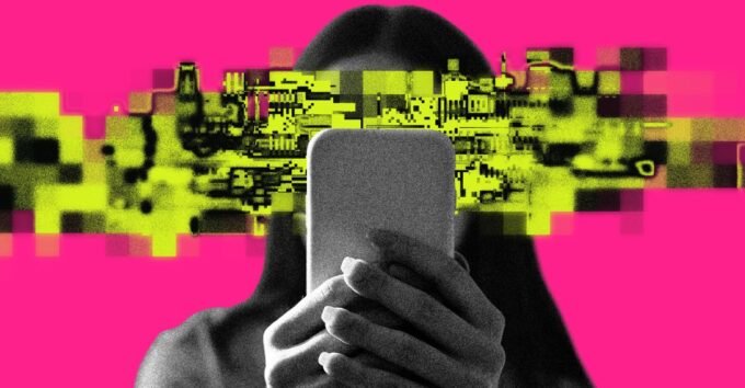 Illustration of a student looking at a phone, with social media app logos (Snapchat, YouTube, TikTok) faintly visible, representing the impact of social media on youth and education.