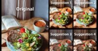 A grid of four poorly processed images generated by Sony's AI Camera Assistant, compared to an original photograph, highlighting visual flaws.