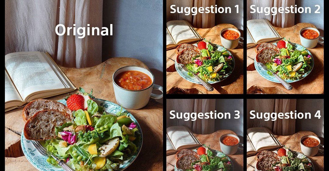 A grid of four poorly processed images generated by Sony's AI Camera Assistant, compared to an original photograph, highlighting visual flaws.