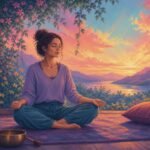 A serene image of singing bowls and chimes arranged for a sound healing meditation session, evoking peace and tranquility.