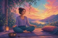 A serene image of singing bowls and chimes arranged for a sound healing meditation session, evoking peace and tranquility.