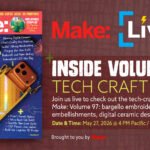 Cover of Make: Volume 97, The Tech Craft Issue, showcasing various tech-infused craft projects like LED embroidery and digital ceramics.