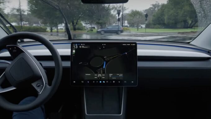 Tesla's Full Self-Driving Suite Arrives in China: A Game Changer? 9 Tesla vehicle displaying Full Self-Driving (FSD) interface on its central screen, with a cityscape of China in the background.
