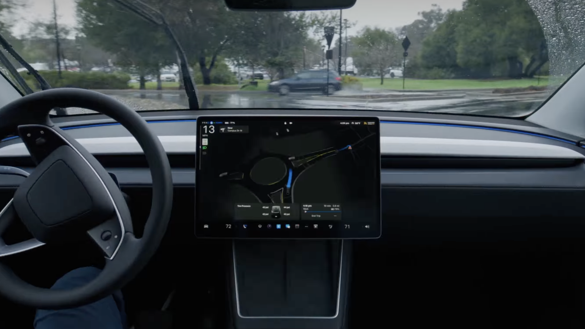 Tesla vehicle displaying Full Self-Driving (FSD) interface on its central screen, with a cityscape of China in the background.