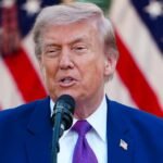 President Donald Trump speaking at a law enforcement leaders dinner in the Rose Garden at The White House in Washington, May 11, 2026.
