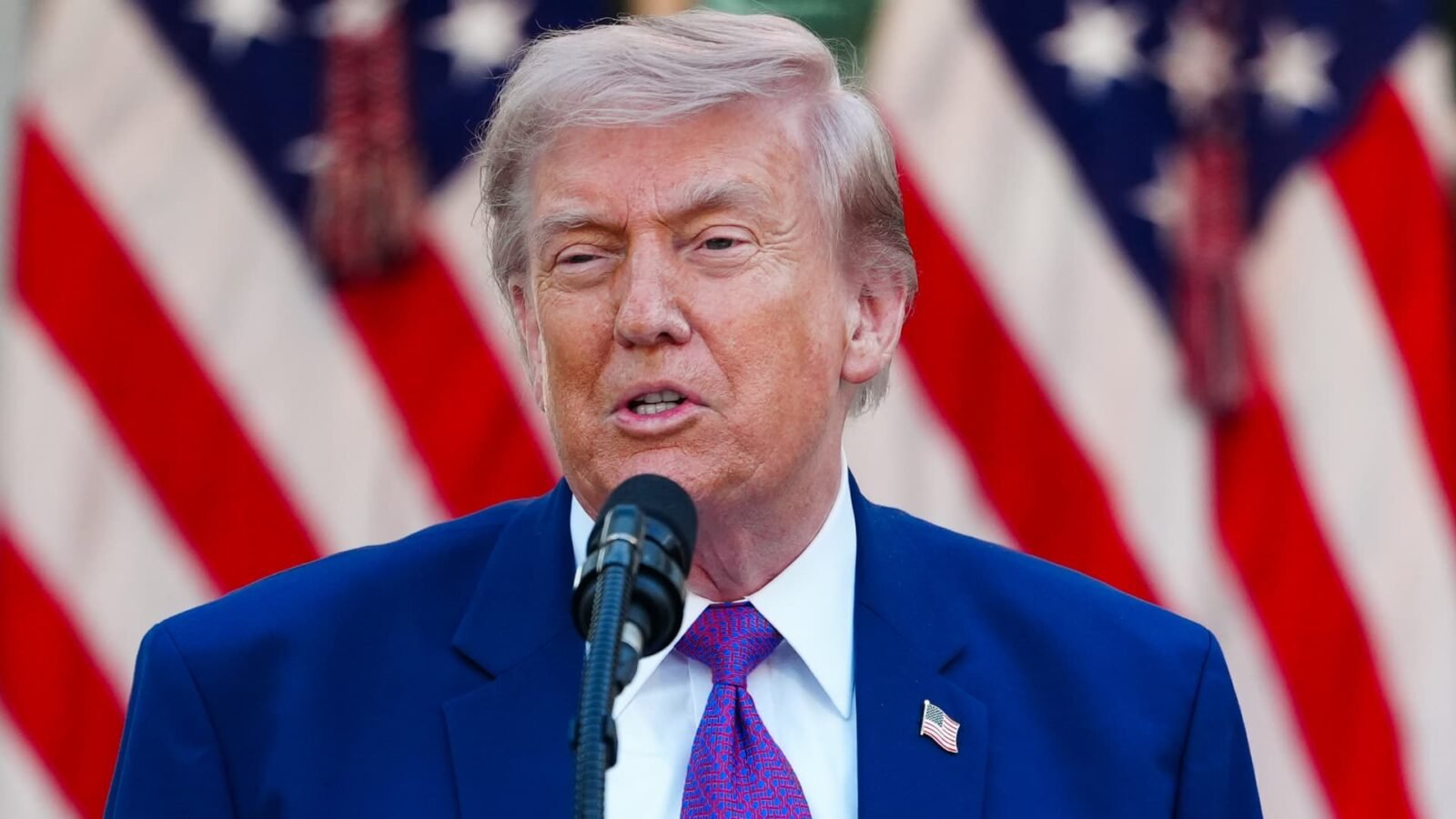 President Donald Trump speaking at a law enforcement leaders dinner in the Rose Garden at The White House in Washington, May 11, 2026.