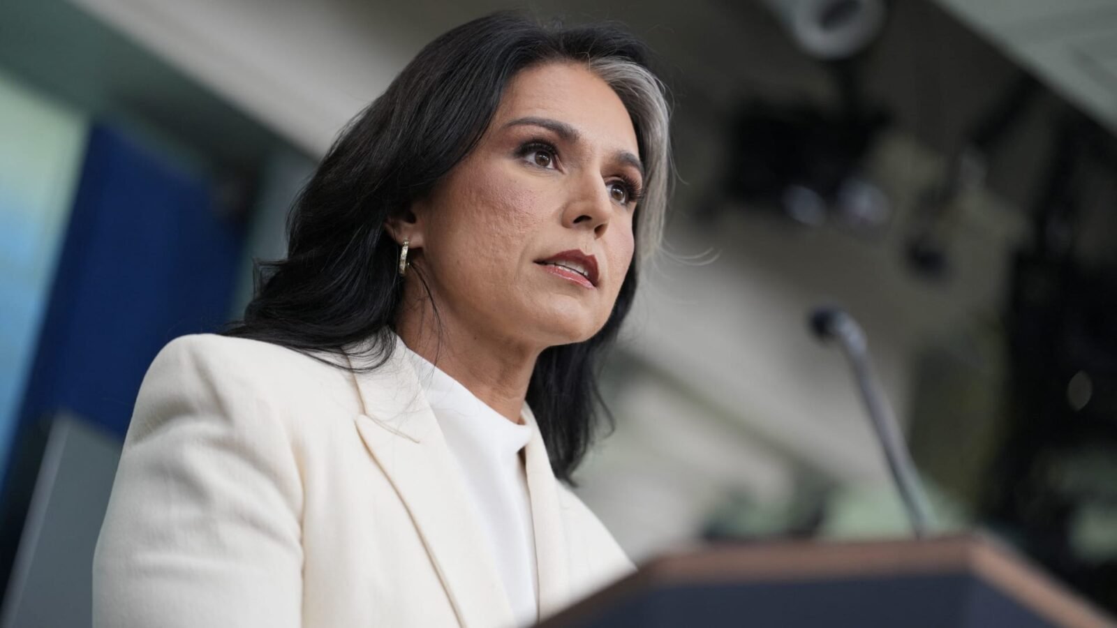 Director of National Intelligence Tulsi Gabbard speaks during a press briefing at the White House in Washington.