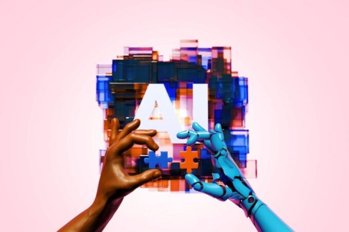 Executives and employees collaborating with AI tools in a modern office setting, symbolizing successful AI integration.
