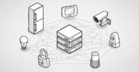 Diagram illustrating the xlabs_v1 botnet architecture, showing compromised IoT devices launching DDoS attacks against a game server.