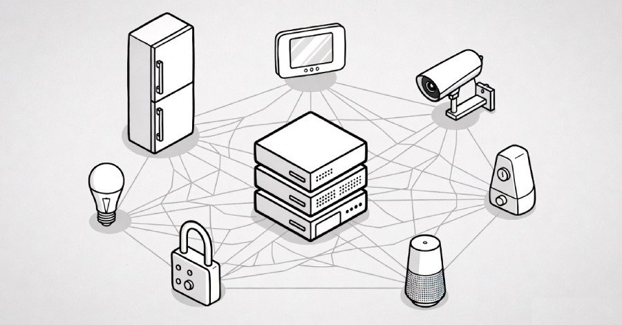 Diagram illustrating the xlabs_v1 botnet architecture, showing compromised IoT devices launching DDoS attacks against a game server.
