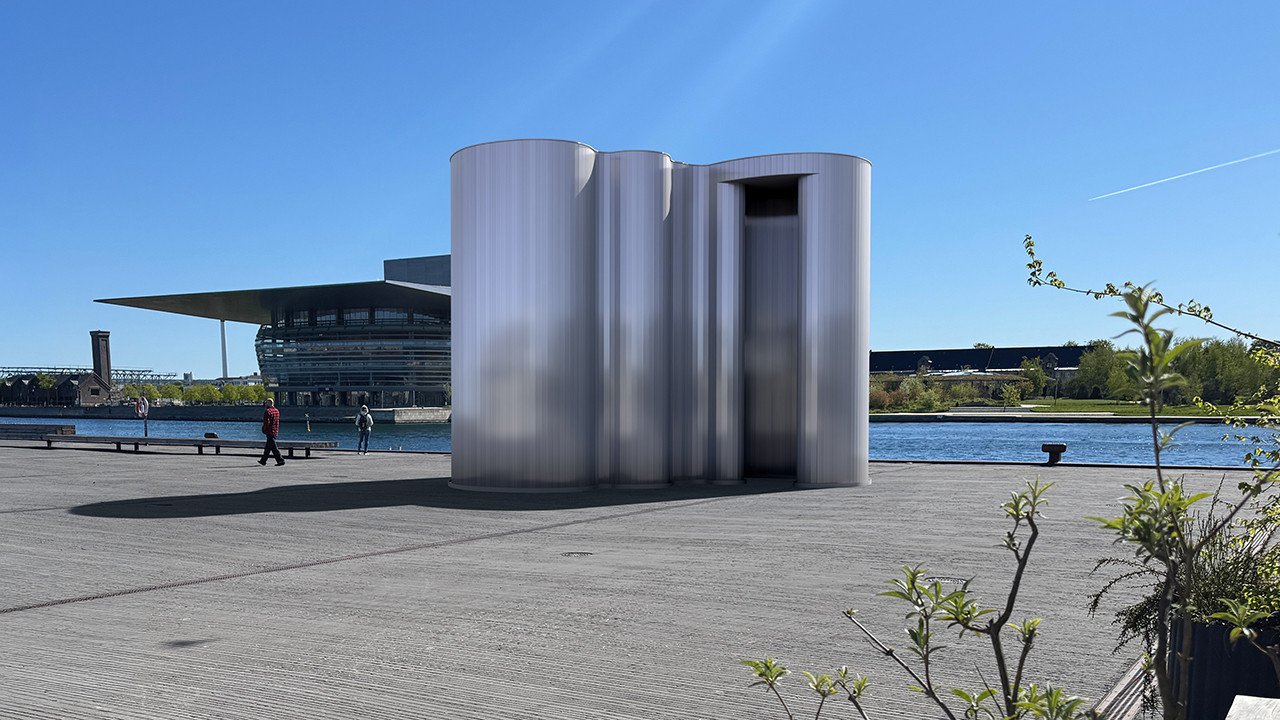 A 22-foot-tall pavilion made of undulating aluminum extrusions, replicating the iconic Aalto vase, standing on Copenhagen's harbor waterfront during 3daysofdesign.