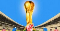 Football players on a pitch with data overlays, symbolizing AI analysis in a World Cup match.