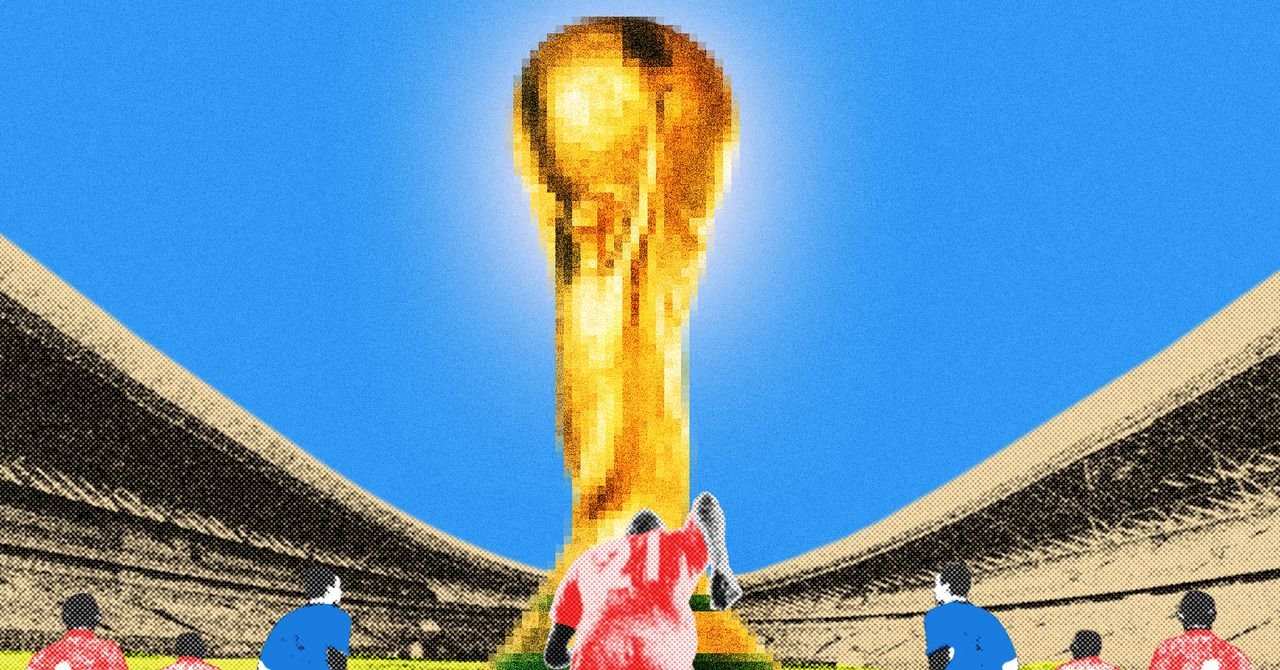 Football players on a pitch with data overlays, symbolizing AI analysis in a World Cup match.