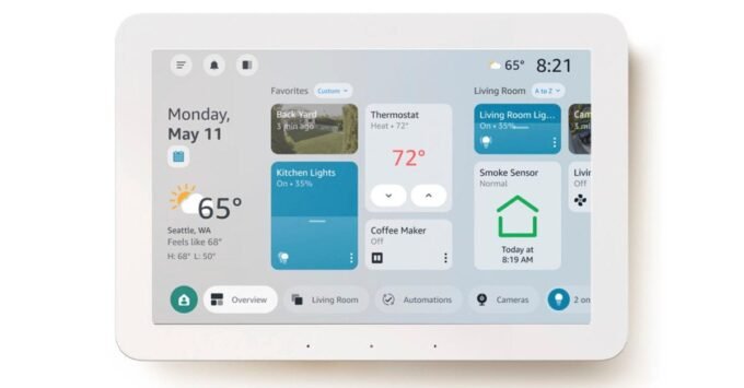 Amazon Echo Hub smart display showcasing its new customizable interface with various smart home controls and sections.