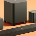 Amazon Fire TV Soundbar Plus 5.1-channel system with soundbar, wireless subwoofer, and two satellite speakers.